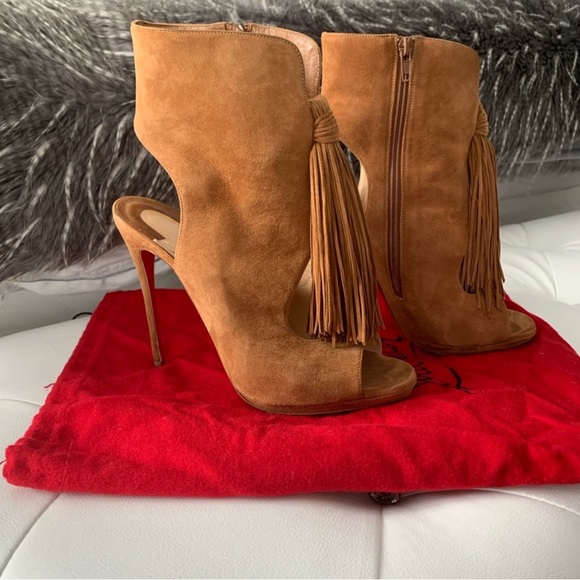 Gently used Christian Louboutin Otoka 120 peep-toe booties with fringe accent - Picture 3 of 8